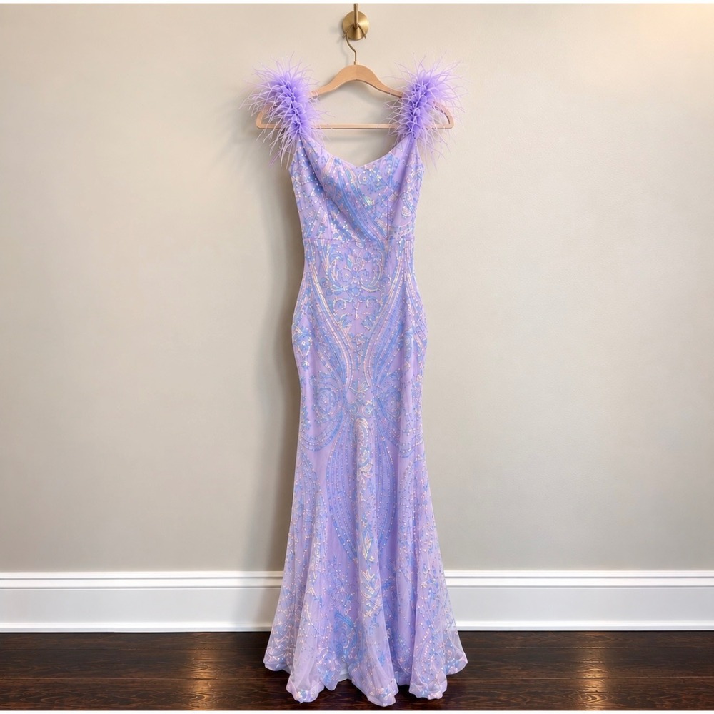 Adyce Lavender Sequin Feather Mermaid Gown Purple Formal Dress Small